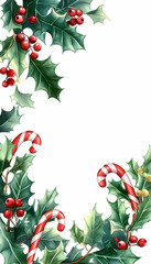 Naklejka premium Christmas holly border with candy canes.