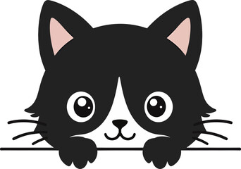 Cute Black and White Cartoon Cat Peeking Over Border