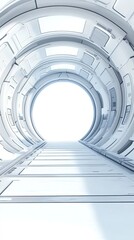 Obraz premium A white futuristic tunnel with a bright light at the end.