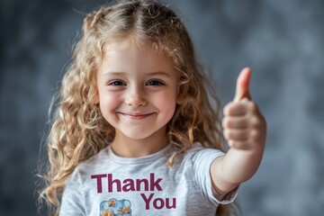 A young girl giving a thumbs up, exuding positivity and good vibes with a grey background. A delightful " Thank You " moment captured.