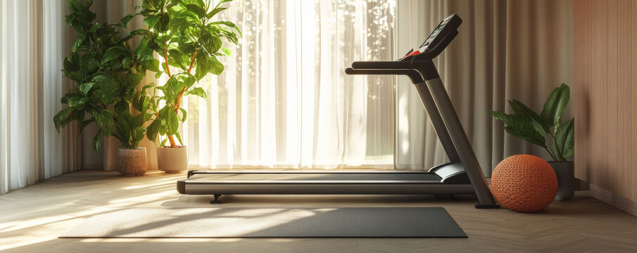 compact treadmill and yoga mat are neatly arranged in bright, modern home gym with wooden flooring, large windows, and lush green plants, creating serene workout space - Powered by Adobe