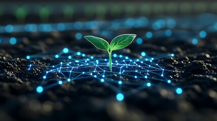 Emerging Green Plant Surrounded by Digital Network Symbols Representing Technology and Nature Harmony