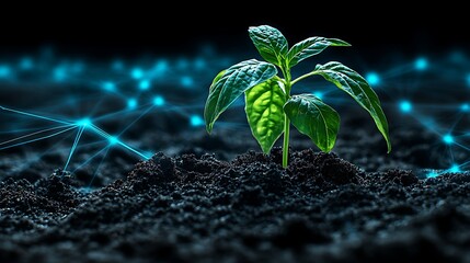 Emerging Green Plant Against Dark Soil with Futuristic Digital Background Representing Growth and Innovation