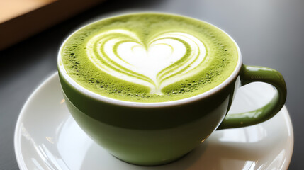 Matcha latte with heart pattern art