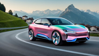 Colorful electric car driving through mountainous landscape