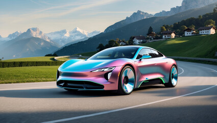 Naklejka premium Futuristic electric car driving through alpine landscape in daylight