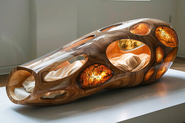 A modern coffin blends contemporary design with natural wood for a unique resting space