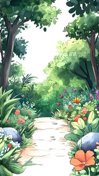 A winding dirt path leads through a lush green forest with vibrant flowers and rocks along the sides.