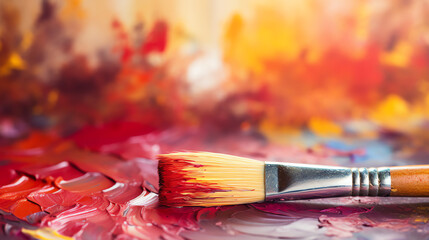 Fototapeta premium Paint brush on vibrant red and orange palette