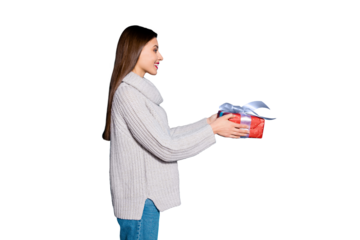 Petty lady giving mommy big red giftbox wear knitted pullover isolated blue background