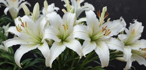 Fototapeta premium Pure white Asiatic lily flowers on floral background , garden flowers, wedding flowers, asiatic lilies