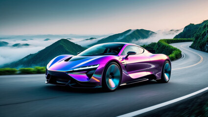 Obraz premium Spectacular car driving on scenic mountain road at sunrise