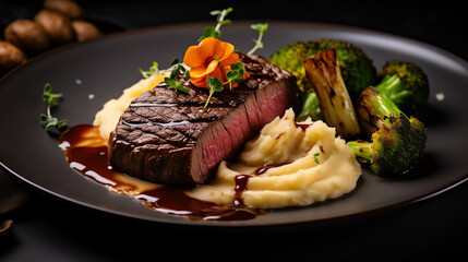 Grilled beef steak with vegetables on dark plate