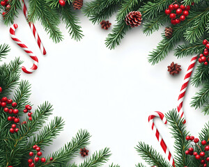 Festive Christmas border with candy canes, pine, berries, and cones on white.