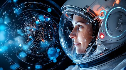 Close-up portrait of a proud female astronaut with strong eye contact, advanced spaceship consoles subtly visible in the background