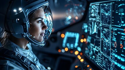 Close-up portrait of a proud female astronaut with strong eye contact, advanced spaceship consoles subtly visible in the background
