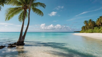 Tropical Paradise:  Palm trees sway gently against a backdrop of turquoise waters and pristine white sand, creating a serene and idyllic escape.  