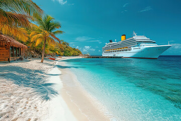 Cruise ship docked at tropical port on sunny day
