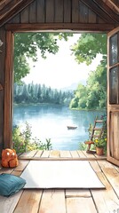 Fototapeta premium A wooden cabin with an open door revealing a picturesque view of a lake surrounded by lush greenery.