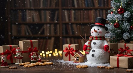 Winter holiday christmas background banner - Closeup of cute funny laughing snowman with wool hat and scarf, on snowy snow snowscape with bokeh lights, illuminated by the sun (Generative Ai)