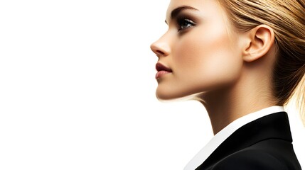 Naklejka premium close-up profile of a businesswoman, focused gaze, elegant suit, minimal makeup, isolated on white background