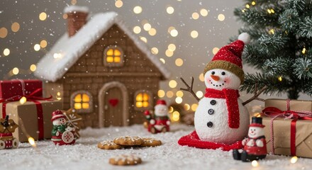 Obraz premium Winter holiday christmas background banner - Closeup of cute funny laughing snowman with wool hat and scarf, on snowy snow snowscape with bokeh lights, illuminated by the sun (Generative Ai)