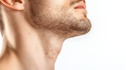 Obraz premium close-up shot of young man's face, acne scar texture, headshot style, honest and natural look, isolated on white background