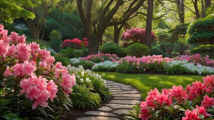 Serene Garden Path: A winding stone path meanders through a lush, vibrant garden, leading to a hidden sanctuary of blooming azaleas and fragrant blossoms.