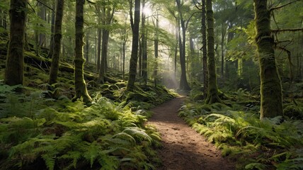 Obraz premium Sunlit Forest Path: A sunbeam illuminates a tranquil path winding through a lush, mossy forest, creating a serene and enchanting scene. The air is filled with the mystery of nature's embrace. 