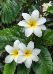 White plumeria flower on a large green leaf against a blurred background , white plumeria, floral arrangement, blurred background