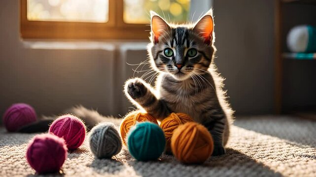 Cute fluffy kitty playing with woollen balls at cozy home