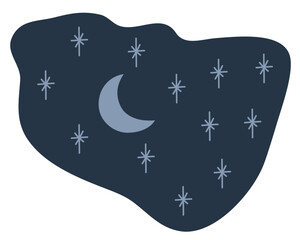 Night sky vector illustration in simple cartoon style with a crescent moon and twinkling stars on a dark background. Perfect for dreamy designs, storytelling visuals, or celestial-themed projects