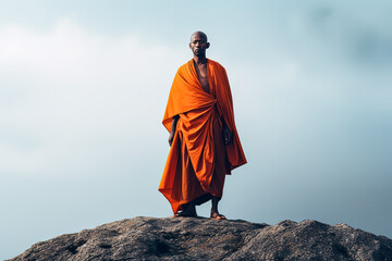 Fototapeta premium Monk stands on a mountain top, wearing an orange robe.