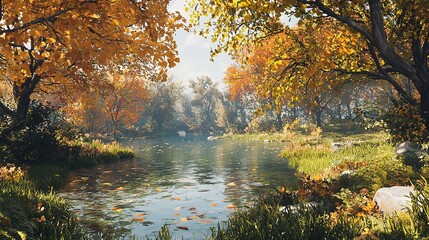 Obraz premium Vibrant fall landscape featuring a serene river and colorful foliage.