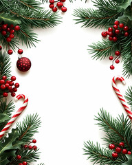 Festive Christmas border with holly, pine, candy canes, and ornaments on white background.