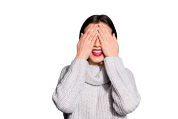Petty funny lady hiding eyes playing seeking wear knitted pullover isolated blue background