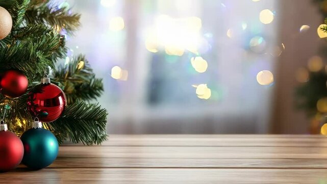 Christmas light countertop. Empty wood table top counter with abstract warm Xmas light blur background with festive golden bokeh. Holiday backdrop, mock up banner display. Advertise, montage product