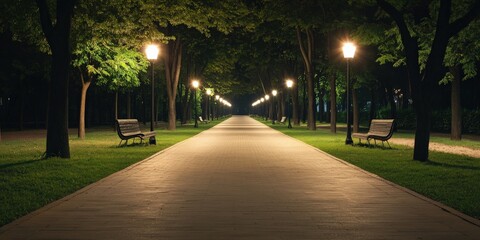 Obraz premium energy efficiency lighting optimization concept. Serene nighttime park pathway illuminated by lamps and surrounded by trees.