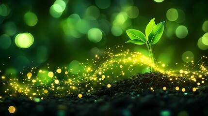 Fresh Green Seedling with Glowing Particles in Lush Nature Background for Eco-Friendly Themes