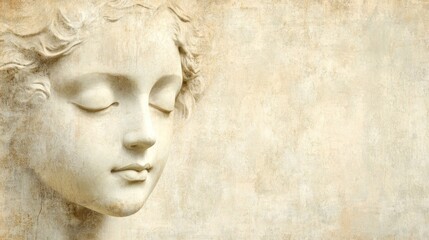 Obraz premium Close-up of a serene, classical cherub face carved in light beige stone, with closed eyes, delicate features, and flowing hair, against a textured, aged background.