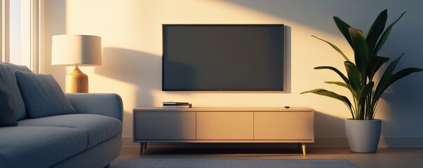 energy efficiency lighting optimization concept. Modern living room with a TV, lamp, and plant in warm sunlight.