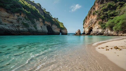 Fototapeta premium Secluded Cove Paradise: Turquoise waters lap a pristine sandy beach nestled between dramatic cliffs, sunlight illuminating a hidden oasis of tranquility. 
