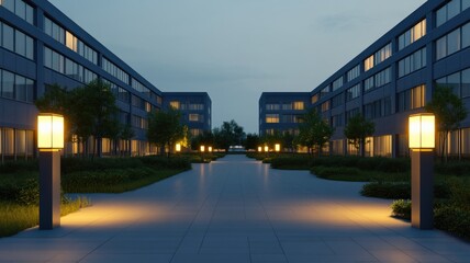 Obraz premium energy efficiency lighting optimization concept. Modern architecture in an evening courtyard with streetlights and greenery.