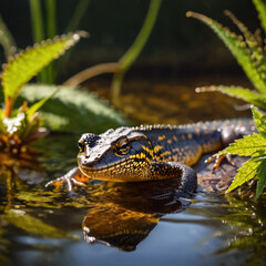 Obraz premium Amphibien - Molch gleitet durch ruhigen Teich