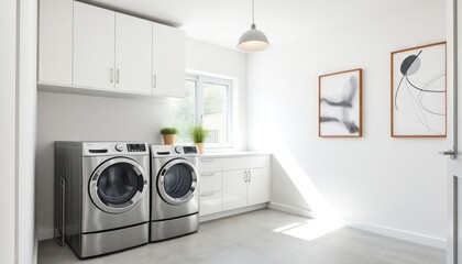 Washing Room Interior Design With Modern Concept - Hotel Laundry Room - Apartment Laundry Room Interior With Washing Machine - Interior Design. Washing Machine Room Modern - Modern Style - 