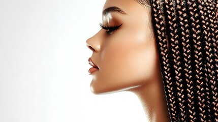 elegant black woman with braided hair, soft glam makeup, shiny lip gloss, captivating eyes with long lashes, low-angle view, isolated on white background