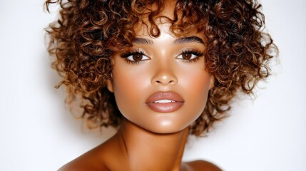 elegant African American woman, close-up shot, defined curls, flawless skin, confident gaze, soft light, isolated on white background