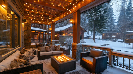 Charming outdoor winter porch with radiant heater and cozy seating under warm lights