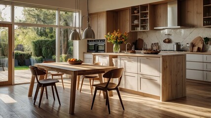 Obraz premium Sunlit Kitchen Haven: Warmth and serenity fill this modern kitchen, bathed in natural light streaming through expansive windows.