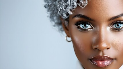 elegant close-up of a Black woman, bold silver hair, serene facial expression, clean aesthetic, isolated on white background